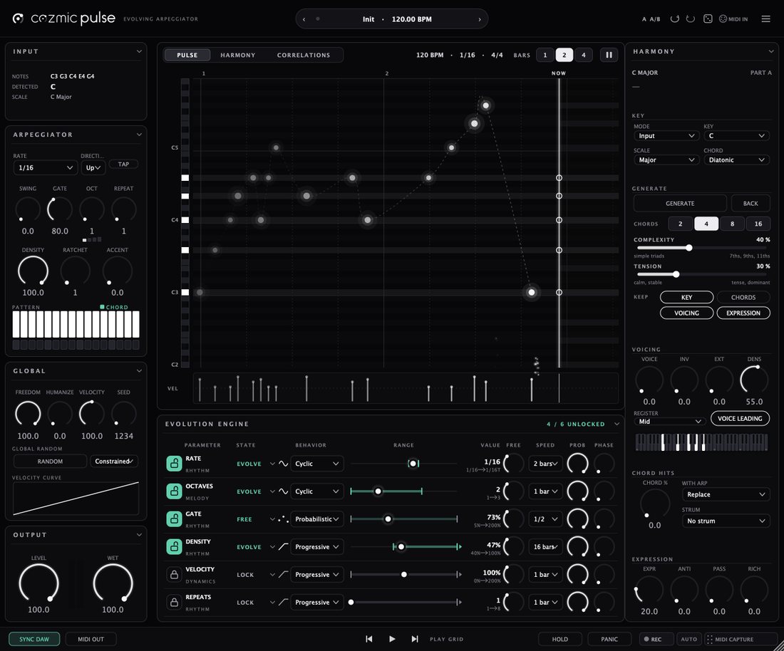 Cozmic Pulse playing: notes in the piano roll, the evolution engine below, the HARMONY panel on the right